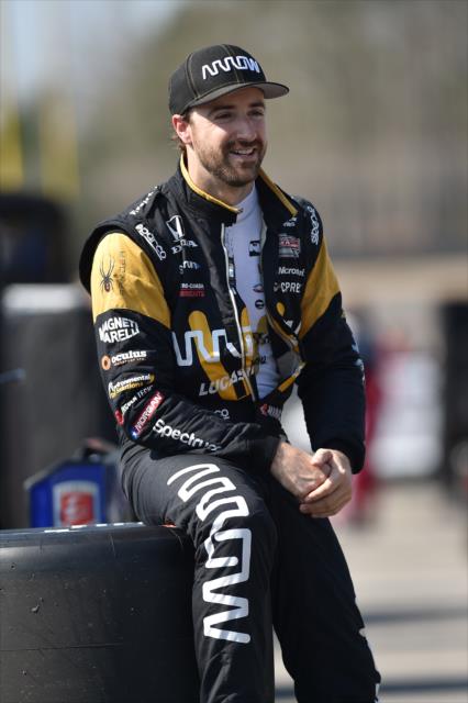 James Hinchcliffe sits along pit lane prior to track activity for the open test at Barber Motorsports Park -- Photo by: Chris Owens