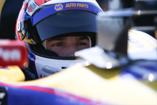 Alexander Rossi sits in his No. 98 NAPA Auto Parts Honda on pit lane during the open test at Barber Motorsports Park -- Photo by: Joe Skibinski