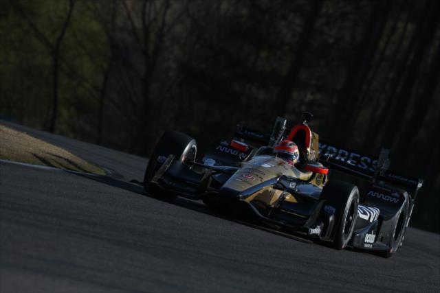 James Hinchcliffe rolls through the Alabama Rollercoaster into Turn 2 during the open test at Barber Motorsports Park -- Photo by: Joe Skibinski