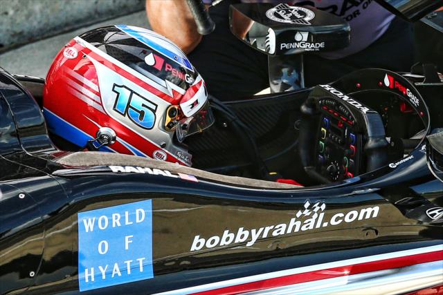 Graham Rahal sits in his No. 15 MiJack Honda on pit lane prior to qualifications for the Honda Indy Grand Prix of Alabama -- Photo by: Bret Kelley
