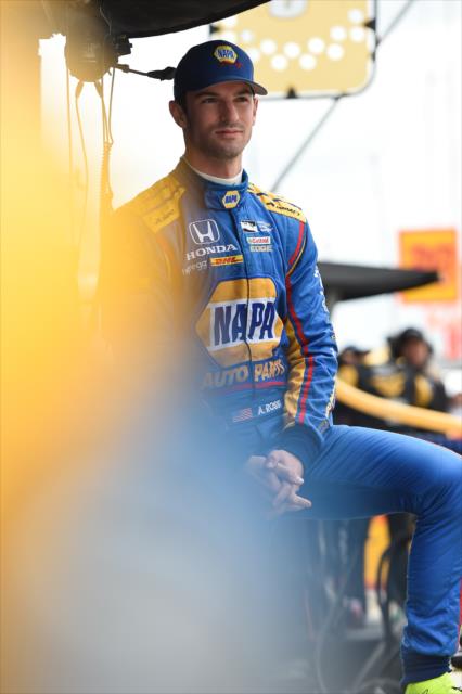 Alexander Rossi looks on from his pit stand prior to qualifications for the Honda Indy Grand Prix of Alabama -- Photo by: Christopher Owens
