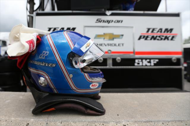 The helmet of Helio Castroneves sits along pit lane wall prior to practice for the Honda Indy Grand Prix of Alabama at Barber Motorsports Park -- Photo by: Joe Skibinski