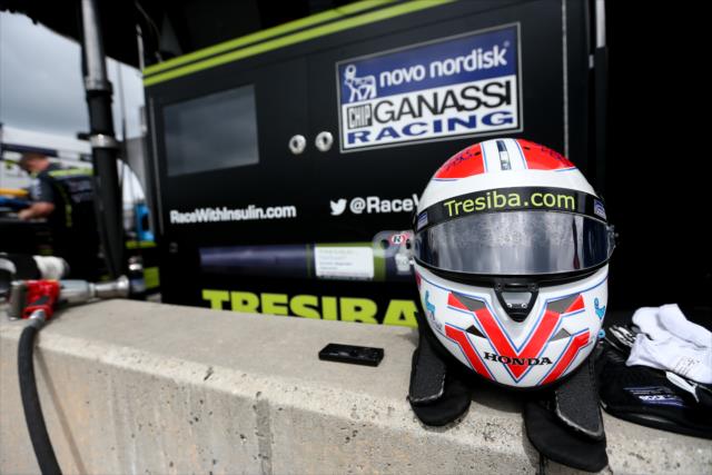 The helmet of Charlie Kimball sits along the pit lane wall prior to practice for the Honda Indy Grand Prix of Alabama at Barber Motorsports Park -- Photo by: Joe Skibinski