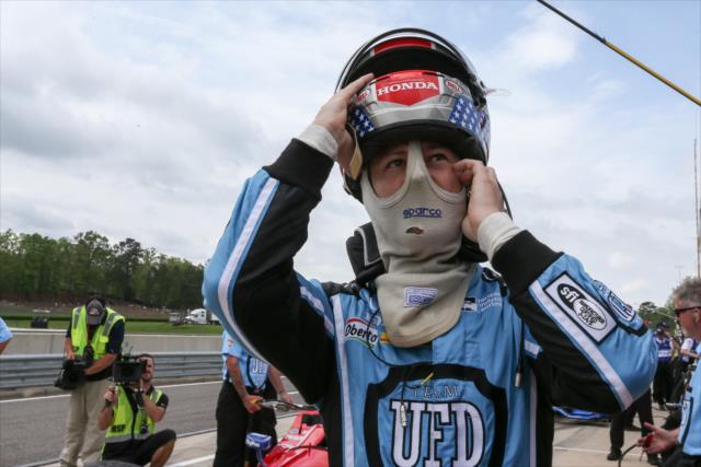 Marco Andretti slides on his helmet prior to practice for the Honda Indy Grand Prix of Alabama at Barber Motorsports Park -- Photo by: Joe Skibinski