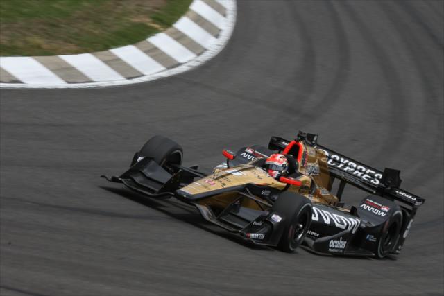 James Hinchcliffe makes his exit of Turn 3 during practice for the Honda Indy Grand Prix of Alabama at Barber Motorsports Park -- Photo by: Joe Skibinski