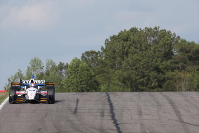 Ed Jones crests the hill entering the Turn 5-6 hairpin during qualifications for the Honda Indy Grand Prix of Alabama -- Photo by: Joe Skibinski