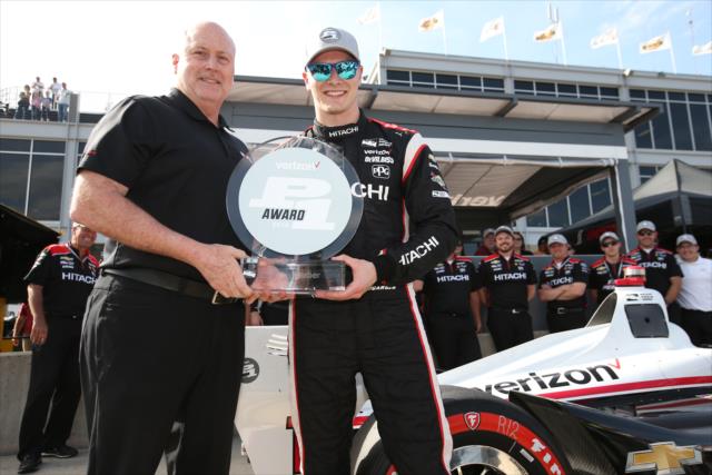 Josef Newgarden accepts the Verizon P1 Award for winning the pole position for the Honda Indy Grand Prix of Alabama -- Photo by: Chris Jones