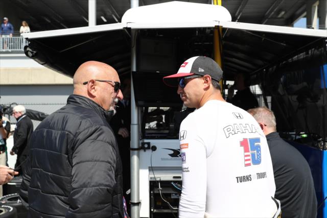 Graham Rahal chats with team owner and father Bobby Rahal along pit lane prior to practice for the Honda Indy Grand Prix of Alabama -- Photo by: Chris Jones