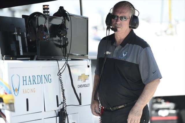 Harding Racing Team Manager Vince Kremer watches track activity from pit lane during practice for the Honda Indy Grand Prix of Alabama -- Photo by: Chris Owens