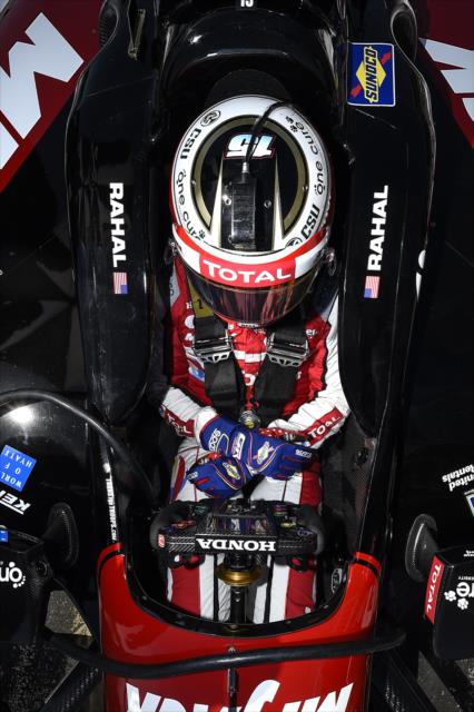 Graham Rahal sits in his No. 15 MiJack Honda on pit lane prior to qualifications for the Honda Indy Grand Prix of Alabama -- Photo by: Chris Owens