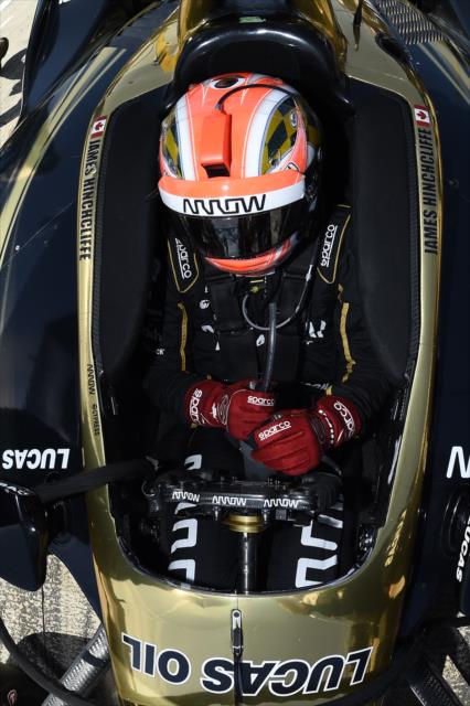 James Hinchcliffe sits in his No. 5 Arrow Honda on pit lane prior to qualifications for the Honda Indy Grand Prix of Alabama -- Photo by: Chris Owens