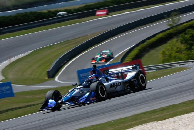 Takuma Sato races through Turn 2 during practice for the Honda Indy Grand Prix of Alabama -- Photo by: Joe Skibinski