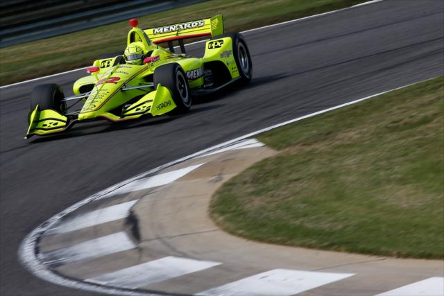 Simon Pagenaud sets up for the Turn 5 hairpin during qualifications for the Honda Indy Grand Prix of Alabama -- Photo by: Joe Skibinski