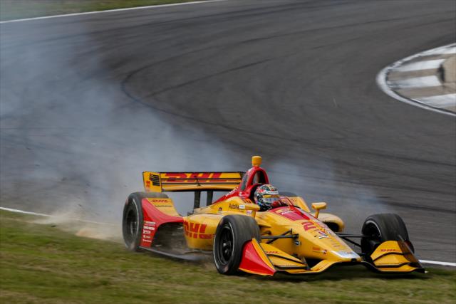 Ryan Hunter-Reay pushes past the limits in the Turn 5 hairpin during qualifications for the Honda Indy Grand Prix of Alabama -- Photo by: Joe Skibinski