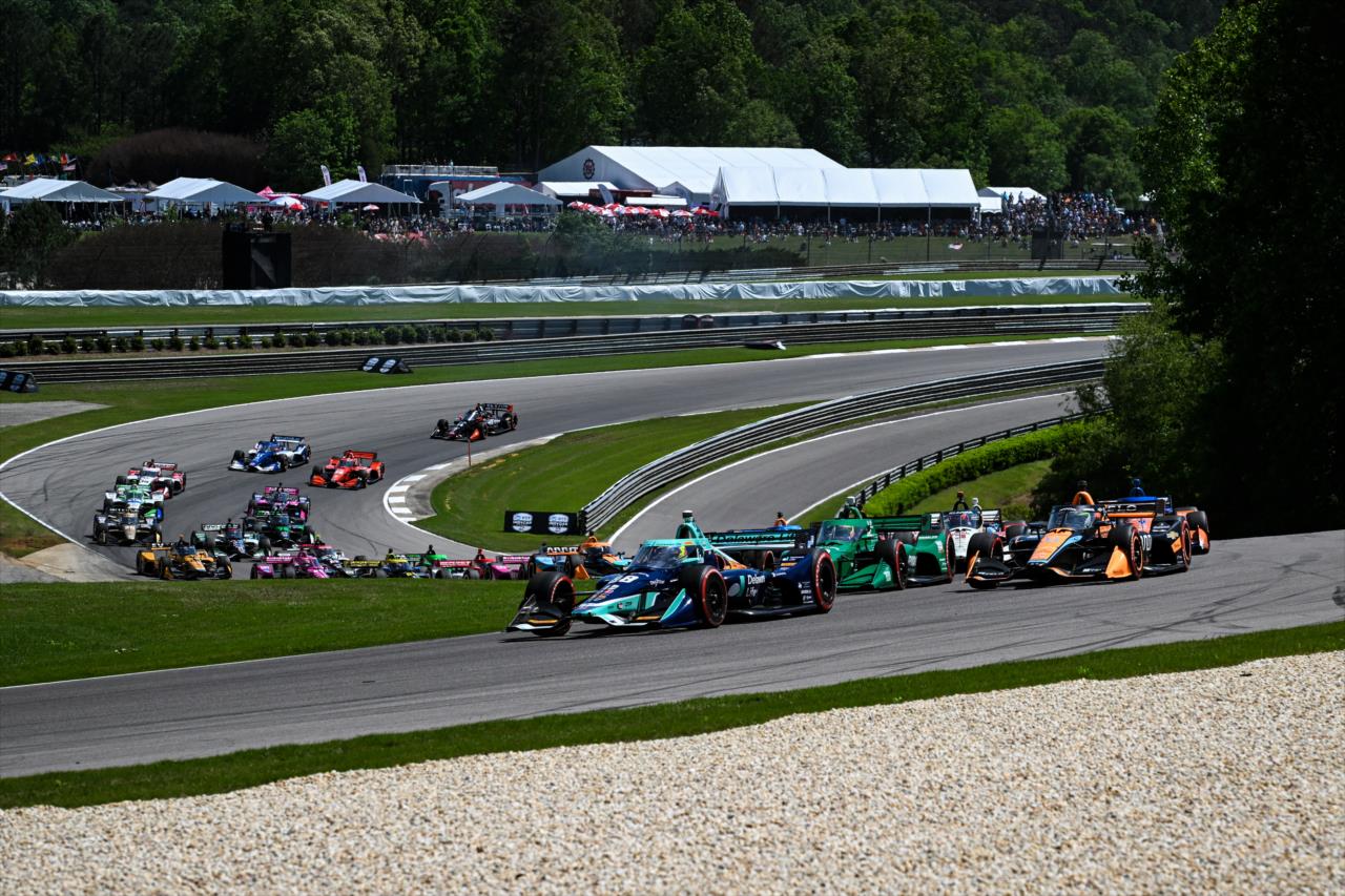 Romain Grosjean leads the start of the Children's of Alabama Indy Grand Prix - By: James Black -- Photo by: James  Black