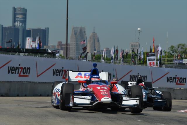 Takuma Sato and Tony Kanaan exit Turn 2 during practice for the Chevrolet Dual In Detroit -- Photo by: Chris Owens