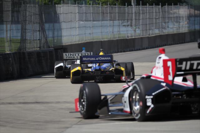 James Hinchcliffe, Marco Andrett, and Helio Castroneves on course during practice for the Chevrolet Dual In Detroit -- Photo by: Joe Skibinski