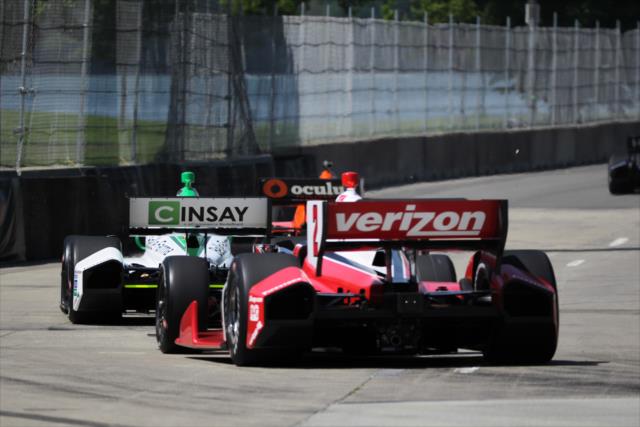 Simon Pagenaud, Carlos Munoz, and Juan Pablo Montoya on course during practice for the Chevrolet Dual In Detroit -- Photo by: Joe Skibinski