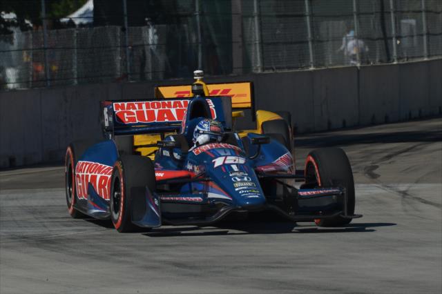 Graham Rahal leads Ryan Hunter-Reay into Turn 5 during Race 1 of the Chevrolet Indy Dual in Detroit -- Photo by: Chris Owens
