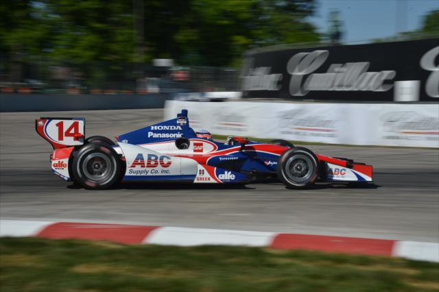 Takuma Sato begins his Turn 3 exit during Race 1 of the Chevrolet Indy Dual in Detroit -- Photo by: Chris Owens