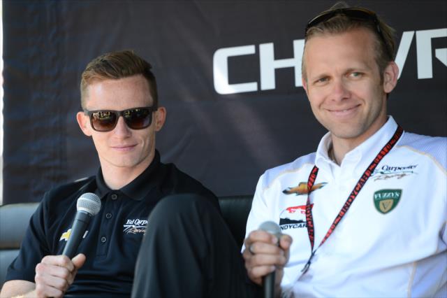 Mike Conway and Ed Carpenter chat with the fans in the INDYCAR Fan Village at Belle Isle -- Photo by: Chris Owens