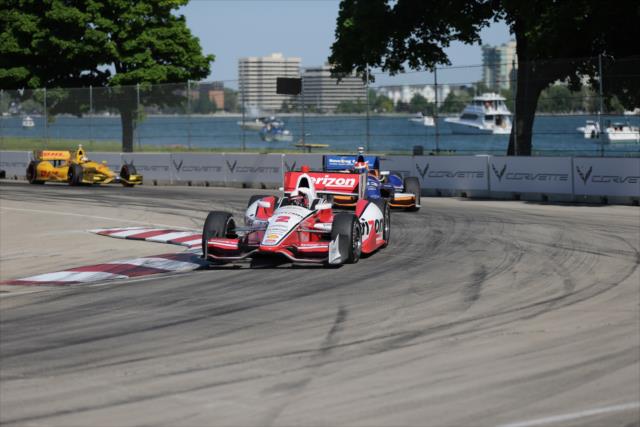 Juan Pablo Montoya leads a group into Turn 7 during Race 1 of the Chevrolet Indy Dual in Detroit -- Photo by: Joe Skibinski