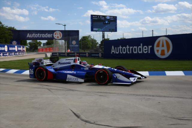 Takuma Sato hits the apex of Turn 8 during practice for the Chevrolet Detroit Grand Prix -- Photo by: Bret Kelley