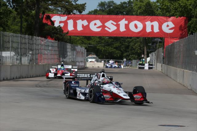 Graham Rahal soars into Turn 5 during practice for the Chevrolet Detroit Grand Prix -- Photo by: Chris Jones
