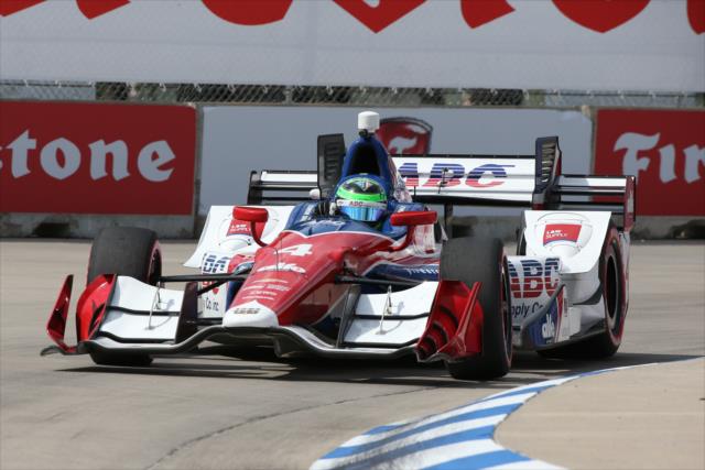 Conor Daly hammers into the apex of Turn 5 during practice for the Chevrolet Detroit Grand Prix -- Photo by: Chris Jones