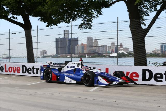Takuma Sato streaks out of Turn 13 during practice for the Chevrolet Detroit Grand Prix -- Photo by: Chris Jones
