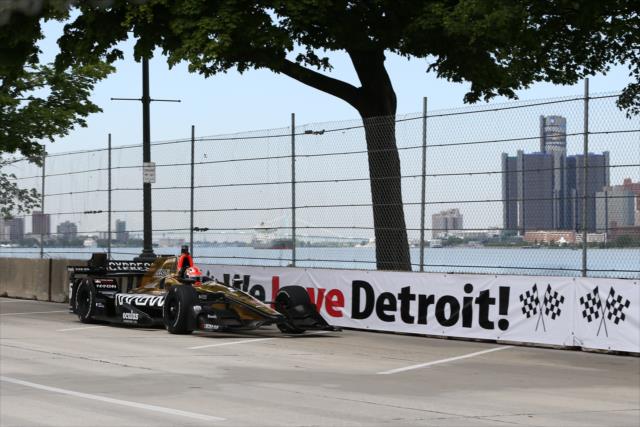 James Hinchcliffe streaks out of Turn 13 during practice for the Chevrolet Detroit Grand Prix -- Photo by: Chris Jones
