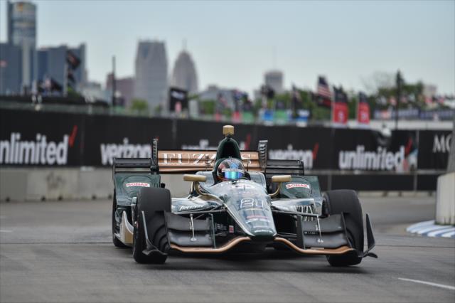 JR Hildebrand dives into Turn 2 during practice for the Chevrolet Detroit Grand Prix -- Photo by: Chris Owens