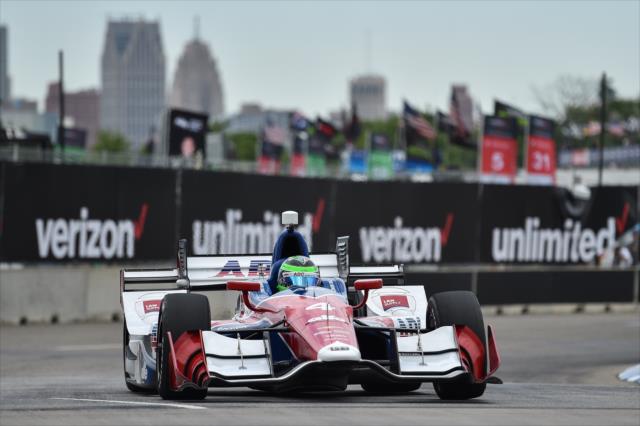 Conor Daly dives into Turn 2 during practice for the Chevrolet Detroit Grand Prix -- Photo by: Chris Owens