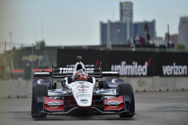 Graham Rahal dives into Turn 2 during practice for the Chevrolet Detroit Grand Prix -- Photo by: Chris Owens
