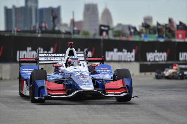 Takuma Sato dives into Turn 2 during practice for the Chevrolet Detroit Grand Prix -- Photo by: Chris Owens