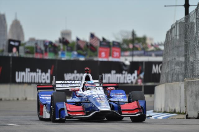 Takuma Sato dives into Turn 2 during practice for the Chevrolet Detroit Grand Prix -- Photo by: Chris Owens