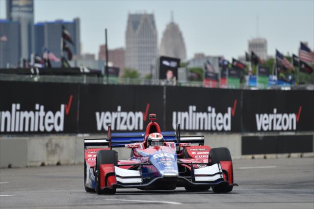 Alexander Rossi dives into Turn 2 during practice for the Chevrolet Detroit Grand Prix -- Photo by: Chris Owens