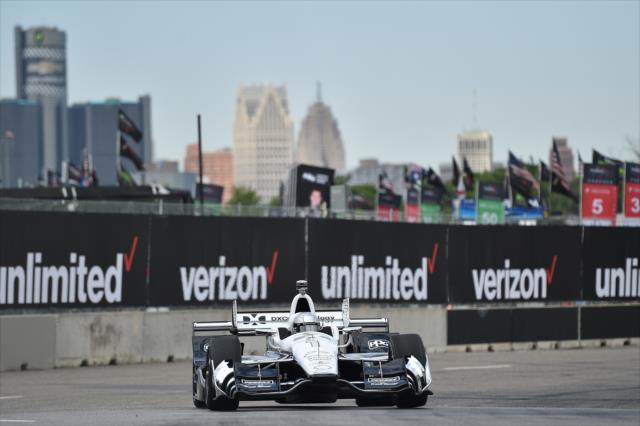 Simon Pagenaud dives into Turn 2 during practice for the Chevrolet Detroit Grand Prix -- Photo by: Chris Owens
