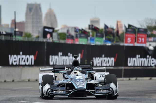 Josef Newgarden dives into Turn 2 during practice for the Chevrolet Detroit Grand Prix -- Photo by: Chris Owens