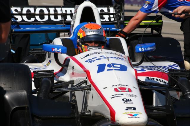 Ed Jones sits in his No. 19 Scouting Honda on pit lane prior to qualifications for Race 1 of the Chevrolet Detroit Grand Prix -- Photo by: Bret Kelley