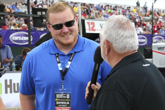 Detroit Lions T.J. Lang is interviewed as Grand Marshal during pre-race festivities for Race 1 of the Chevrolet Detroit Grand Prix -- Photo by: Bret Kelley