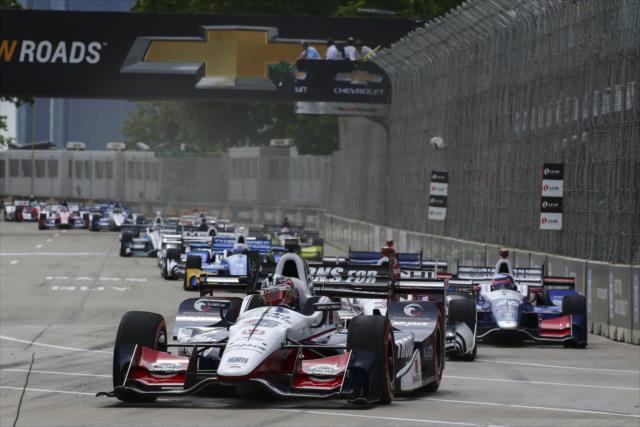 Graham Rahal leads the field into Turn 1 during Race 1 of the Chevrolet Detroit Grand Prix -- Photo by: Bret Kelley