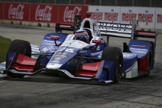 Takuma Sato hits the apex of Turn 1 during Race 1 of the Chevrolet Detroit Grand Prix -- Photo by: Bret Kelley