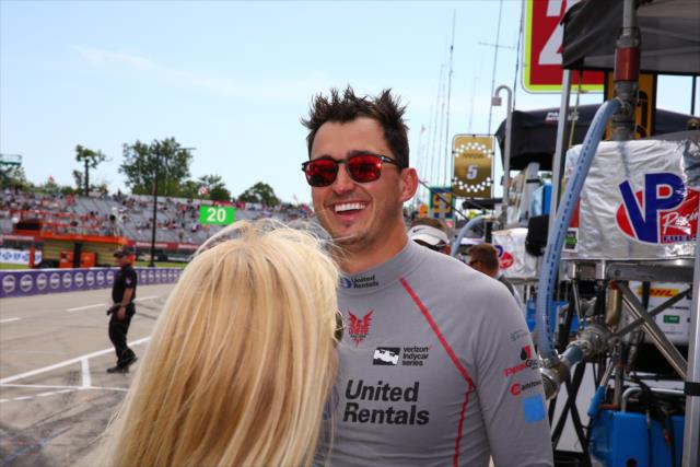 Graham Rahal is all smiles on pit lane after winning the pole position for Race 1 of the Chevrolet Detroit Grand Prix -- Photo by: Bret Kelley