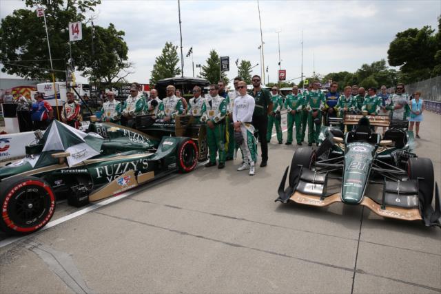 The Ed Carpenter teams of JR Hildebrand and Spencer Pigot stand at attention during pre-race festivities for Race 1 of the Chevrolet Detroit Grand Prix -- Photo by: Chris Jones