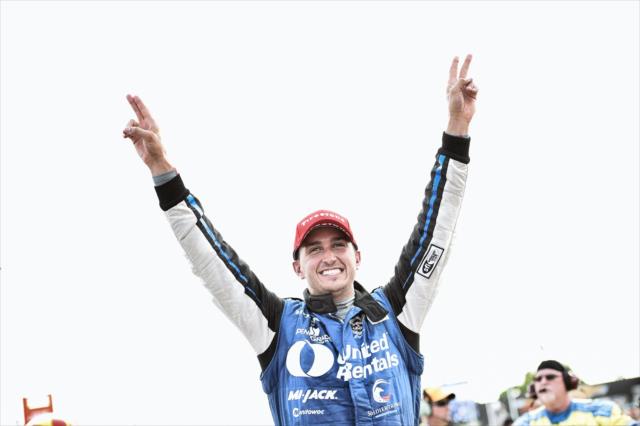 Graham Rahal celebrates on pit lane following his win in Race 1 of the Chevrolet Detroit Grand Prix -- Photo by: Chris Owens