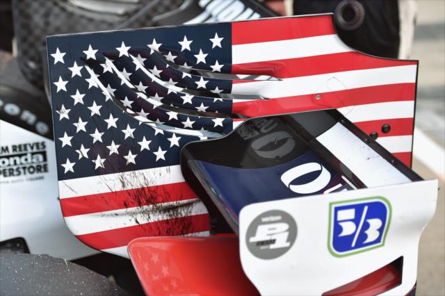 The red, white, and blue of Graham Rahal's endplate in Victory Circle following Race 1 of the Chevrolet Detroit Grand Prix -- Photo by: Chris Owens