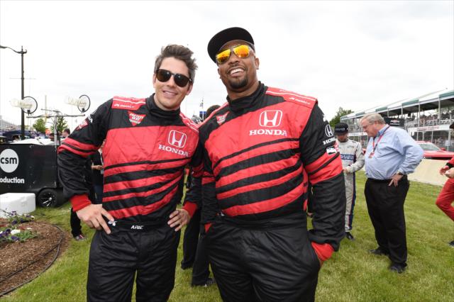 LaMarr Woodley and Arie Luyendyk Jr. get ready for their two seater ride during pre-race festivities for Race 1 of the Chevrolet Detroit Grand Prix -- Photo by: Chris Owens