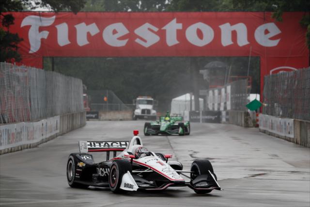 Josef Newgarden starts his entrance into Turn 5 during qualifications for Race 2 of the Chevrolet Detroit Grand Prix at Belle Isle Park -- Photo by: Joe Skibinski