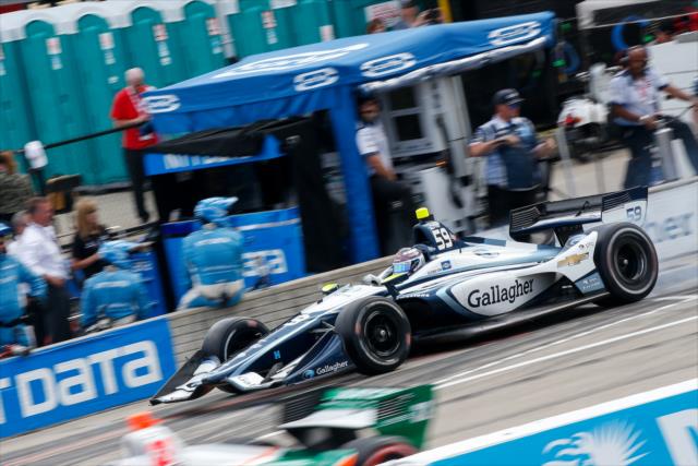 Max Chilton peels out of his pit stall after service during Race 2 of the Chevrolet Detroit Grand Prix at Belle Isle Park -- Photo by: Joe Skibinski